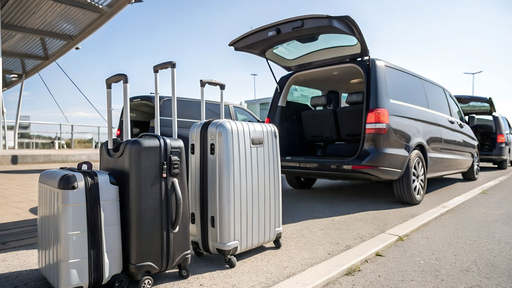 Navette de parking aéroport avec passagers chargeant leurs bagages