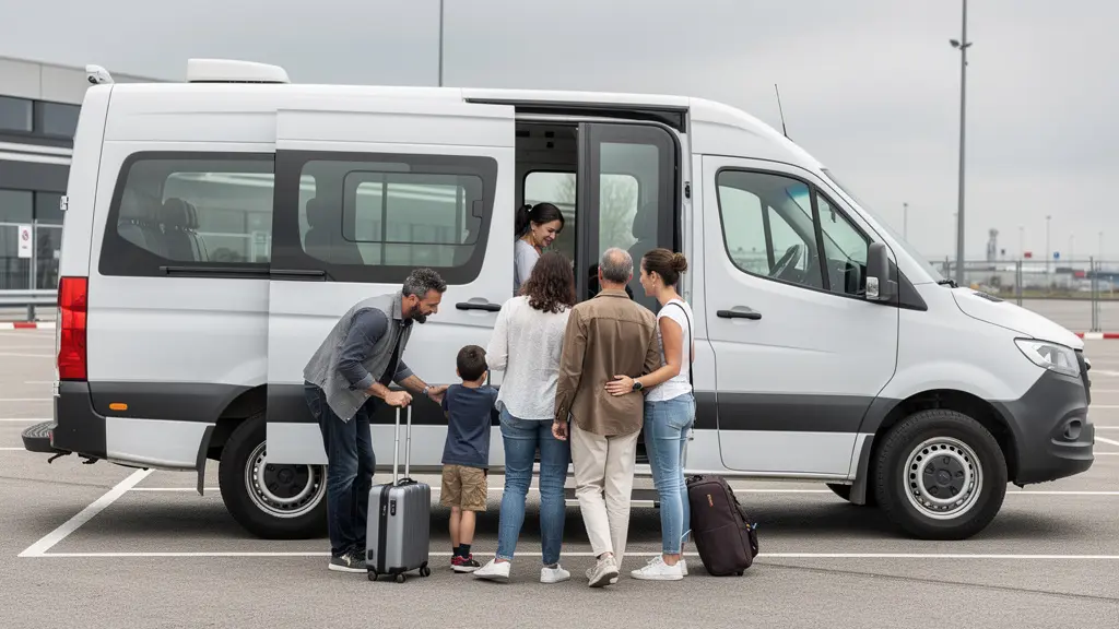 Navette de parking aéroport avec passagers chargeant leurs bagages