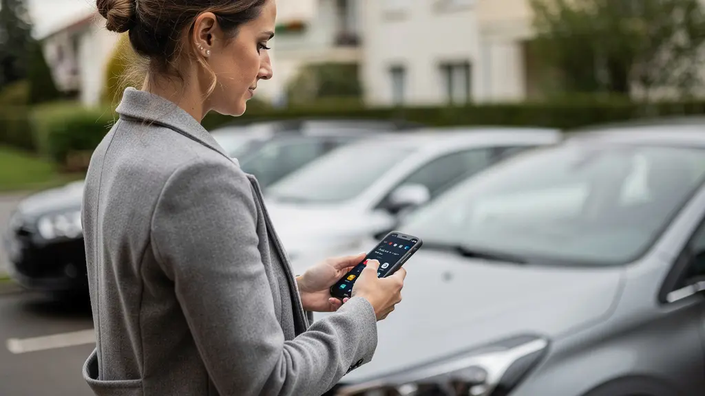 Personne consultant son smartphone pour réserver un parking près de sa voiture