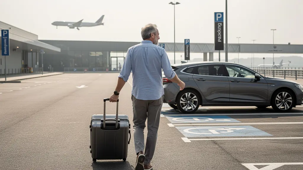Voyageur avec valise marchant vers sa voiture dans un parking aéroport Roissy