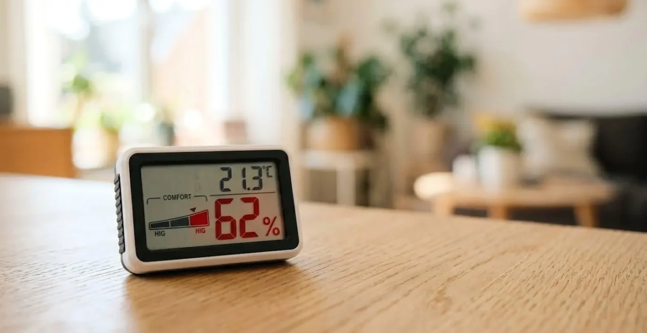 Gros plan sur un hygromètre numérique posé sur une surface en bois clair, affichant un taux d'humidité de 62 % en rouge