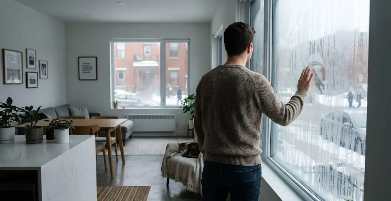 Une personne de dos observe la condensation abondante qui recouvre le vitrage d'une fenêtre moderne dans un intérieur résidentiel lumineux