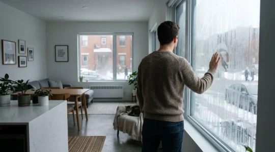 Une personne de dos observe la condensation abondante qui recouvre le vitrage d'une fenêtre moderne dans un intérieur résidentiel lumineux