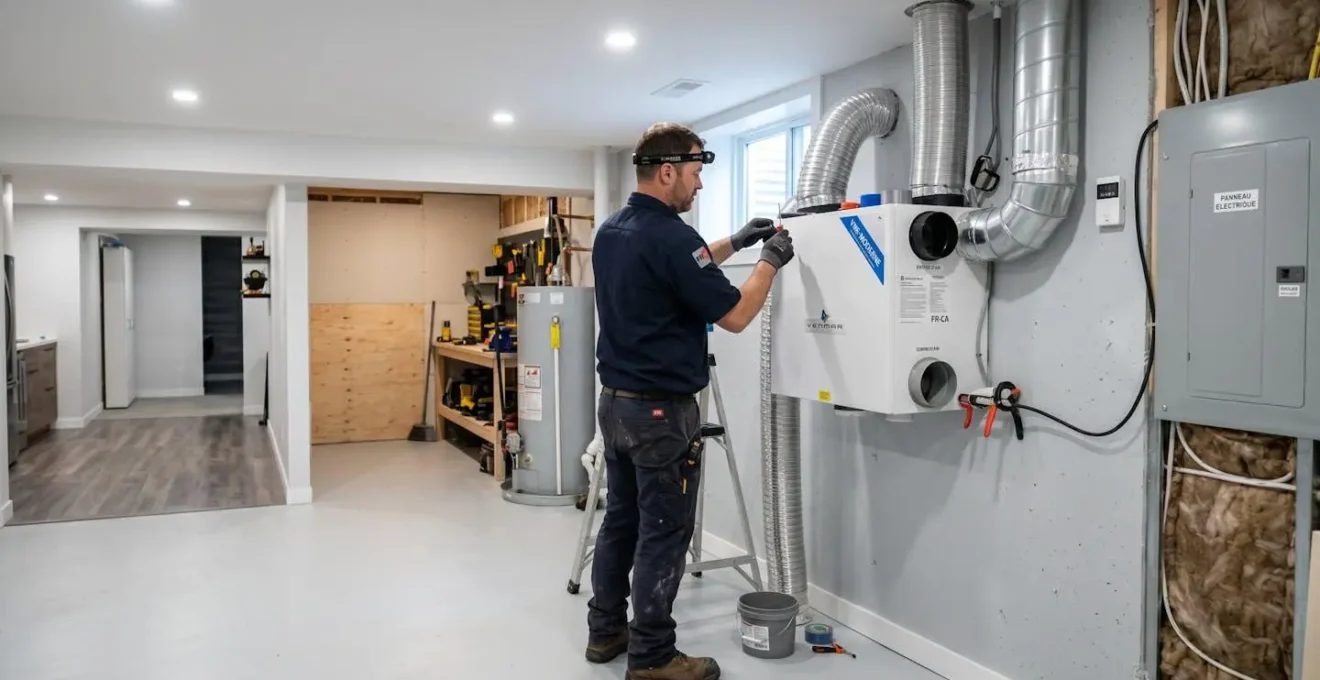 Technicien professionnel CVC vu de profil en train d'installer un échangeur d'air mural moderne dans un sous-sol résidentiel propre et bien éclairé