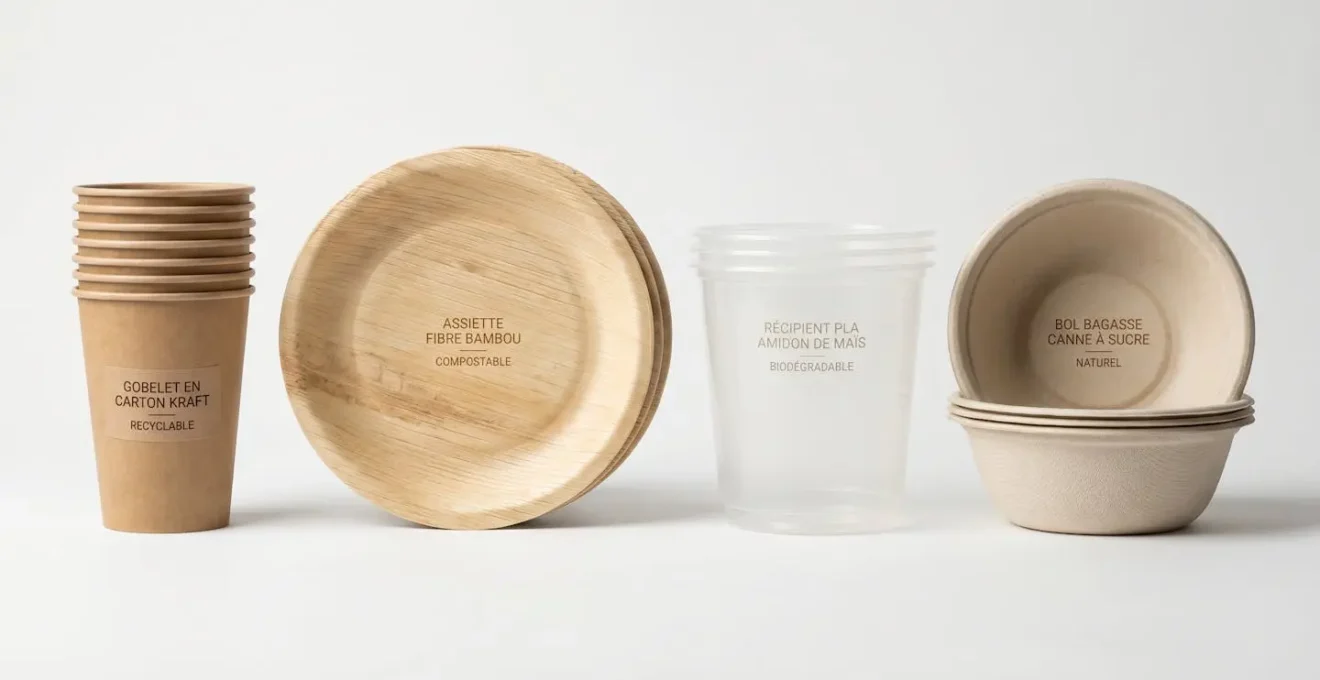 Échantillons de vaisselle jetable écoresponsable : gobelets en carton kraft, assiettes en fibre de bambou, contenants en PLA d'amidon de maïs et bols en bagasse de canne à sucre