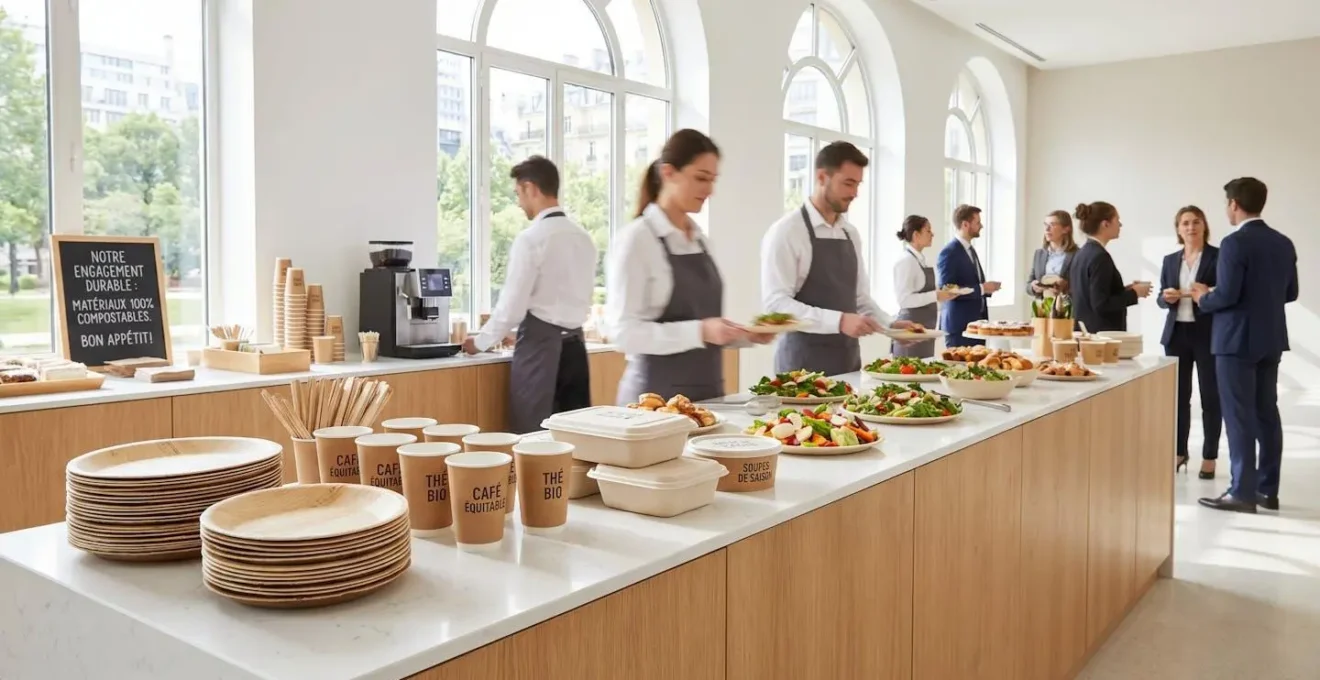 Service de restauration collective avec vaisselle jetable écoresponsable : assiettes en bambou, gobelets en carton kraft et contenants en bagasse disposés sur un comptoir moderne