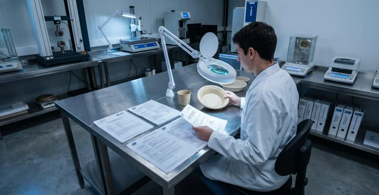 Spécialiste qualité en laboratoire examinant des échantillons de vaisselle jetable écoresponsable avec documents de certification et équipements de test