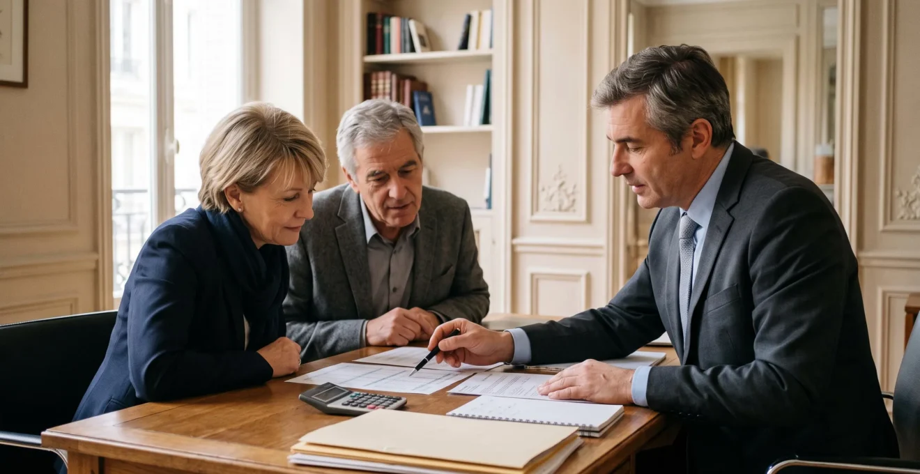 Un conseiller en gestion de patrimoine explique un document à un couple assis à son bureau dans un cabinet français.
