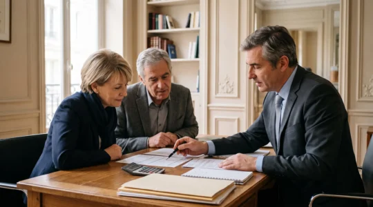 Un conseiller en gestion de patrimoine explique un document à un couple assis à son bureau dans un cabinet français.