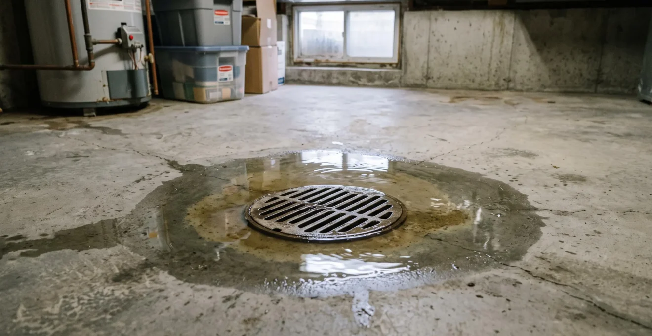 Drain de plancher métallique dans un sous-sol résidentiel avec eau refoulée visible autour de la grille.