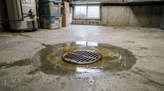 Drain de plancher métallique dans un sous-sol résidentiel avec eau refoulée visible autour de la grille.