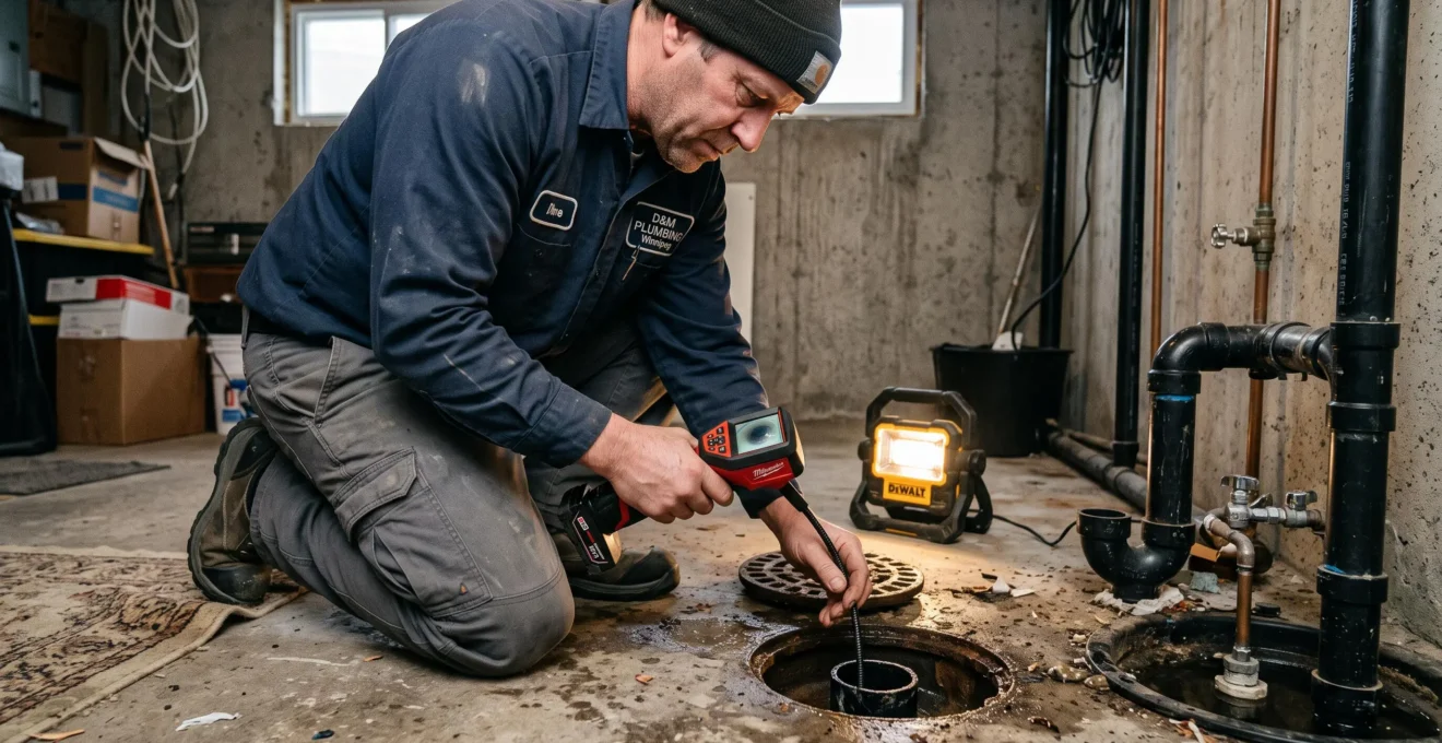 Plombier professionnel accroupi inspectant un drain de plancher dans un sous-sol résidentiel canadien avec outil de diagnostic.